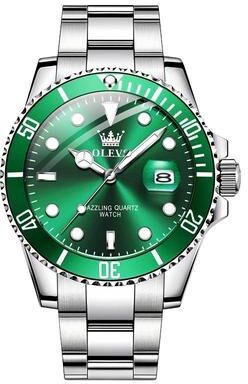 Everyday Crate OLEVS 5885 Mens Quartz Watch Waterproof Stainless Steel Watch With Luminous Display silver+green
