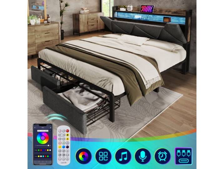 Lit - MUVOE - 160x200 - Rembourré - Chargeur USB Type C - Éclairage LED