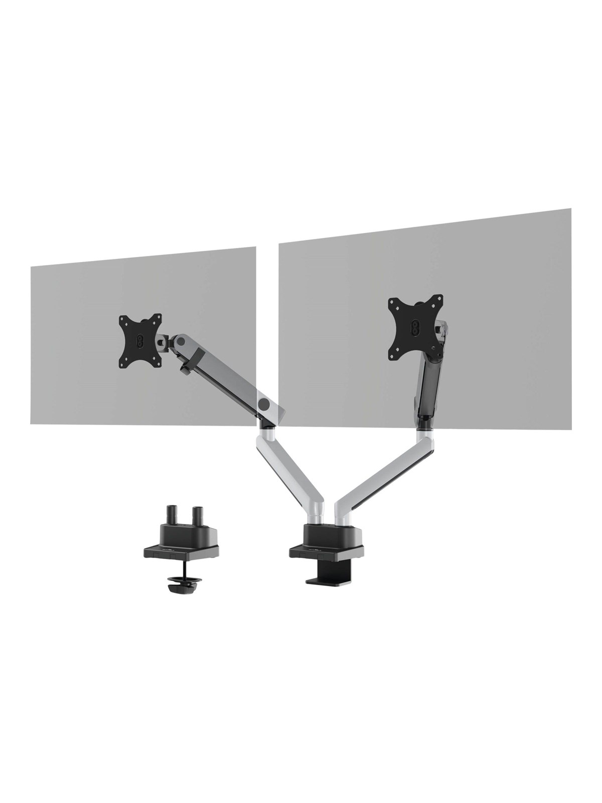 DURABLE Tischhalterung mit zwei flexiblen Monitorarmen. Individuelle Einstellung von Höhe, Neigung und Ausrichtung des Bildschirms.