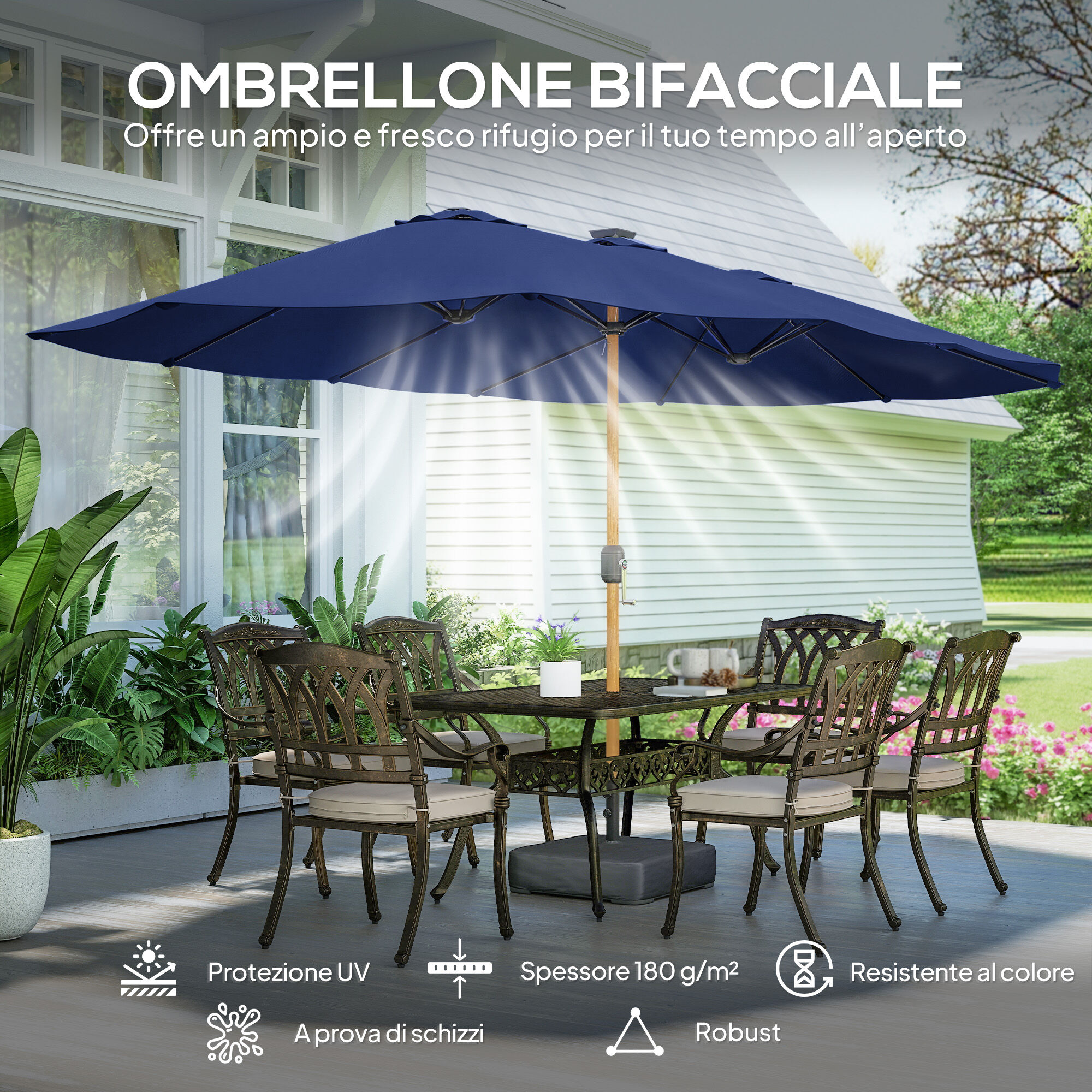 Altro Ombrellone Doppio A 12 Stecche Con Manovella, Base A Croce E Sacchi Di Sabbia, 4.7x2.8 M, Blu Scuro