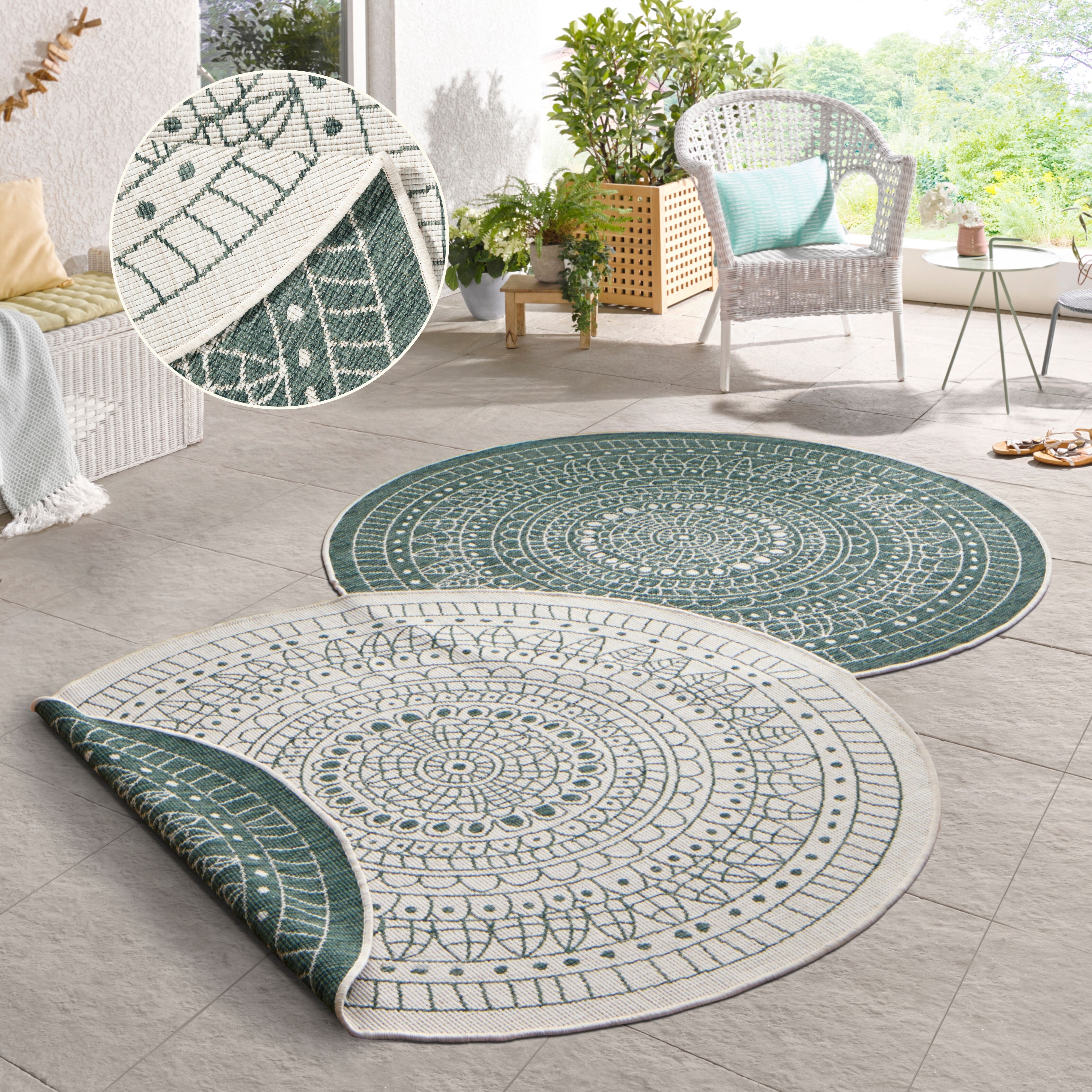 Teppich HANSE HOME "Porto Wendeteppich" Gr. 9, grün, H:5mm Ø:140cm, Kunstfaser, Teppiche, Teppich, In-& Outdoor, Wetterfest, Balkon, Garten, Wohnzimmer, Wasserfest grün Ø 140cm 1 Stk., 5mm, Ø 140cm
