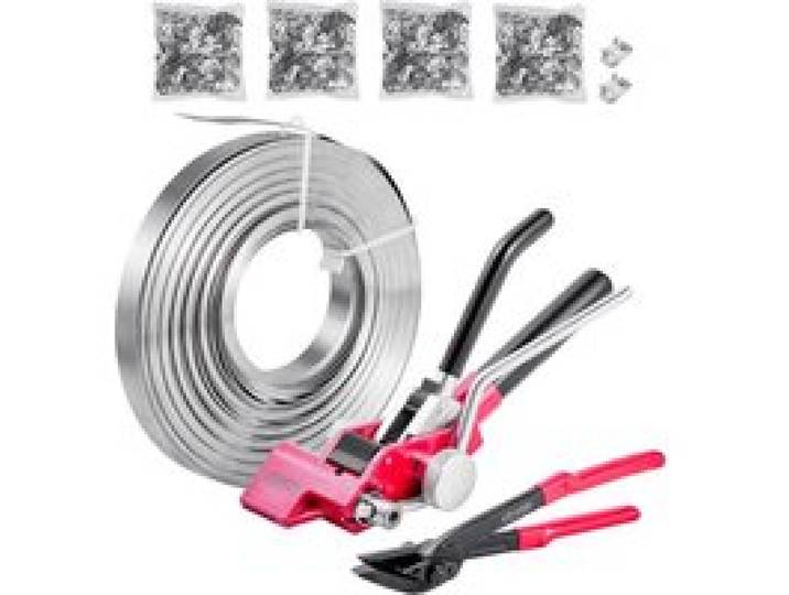 VEVOR 4 tlg Stahlband Umreifungsset, manuelle Umreifungsgerät mit 122 m Metallband, 400 Metallklammern und Schneider, pefekte Werkstattausstattung für industrielle Verpackung, Transport und Lager