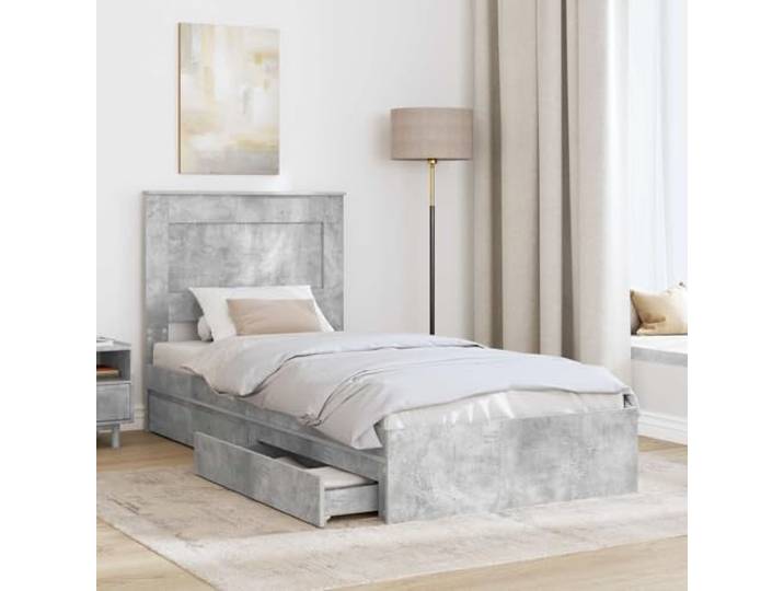 SKTQYQO Boxspringbett mit Kopfteil, Zementgrau, 90 x 190 cm Technisches Holz, Lattenrost, versteckte Schubladen, modernes Design