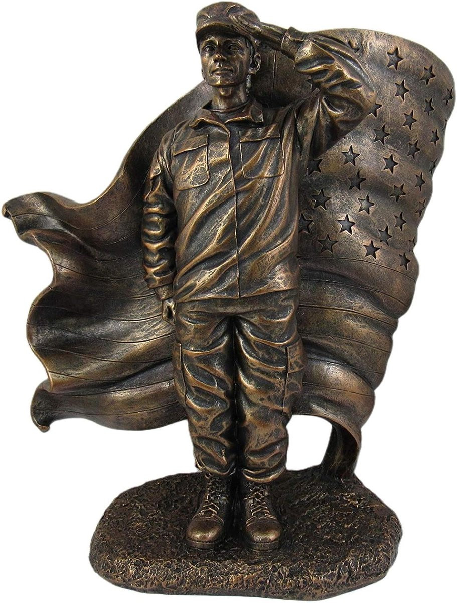 Handgeschilderd Eerbetoon Soldaat Beeldje in Brons - Militaire Decoratie voor op je Bureau - Hoogte: 25,4 cm
