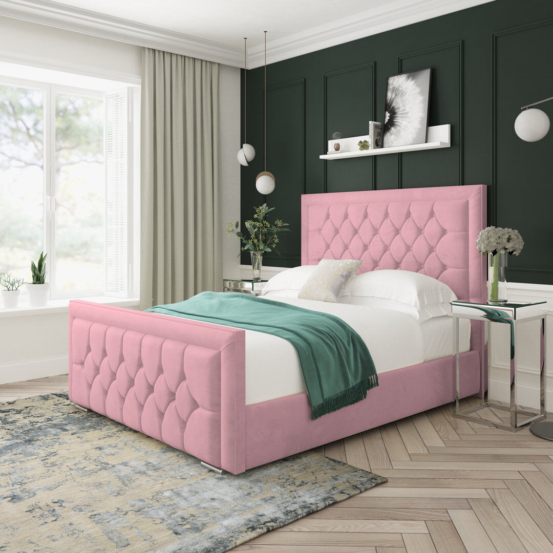 17 Stories Maple Plush Velvet Upholstered Ottoman Bed Frame Pink Double (4'6)