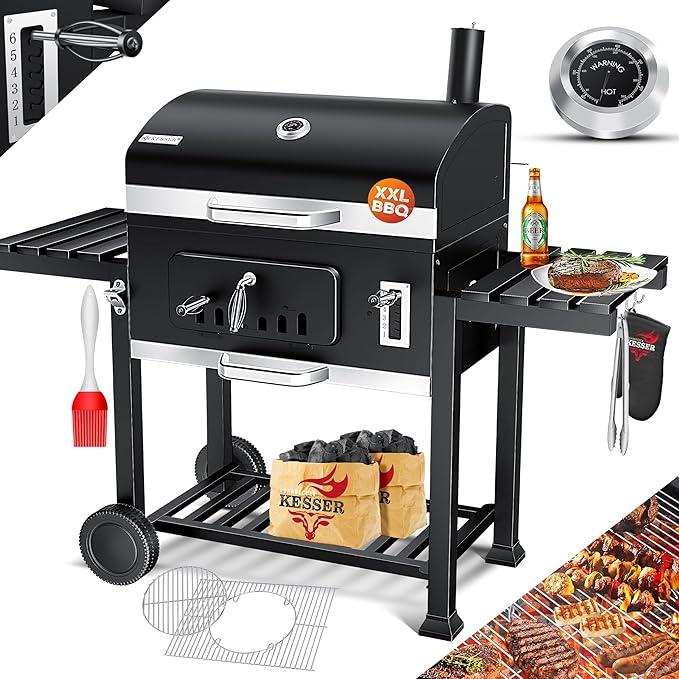 Holzkohlegrill XXL Grillwagen mit Deckel & Thermometer - großer BBQ Kohlegrill Wagen, Smoker Grill mit Kamin & Lüftung, mit Grillrost, Warmhalterost, Rädern, Ablage & Aschebehälter