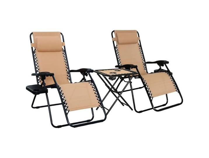 Fauteuils Relax Pliants avec Table d'Appoint - Lot de 2 - Coloris Beige