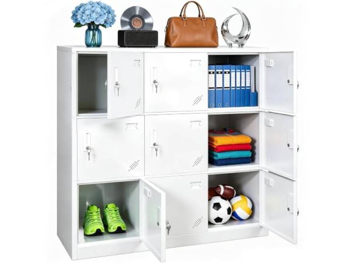 Schrank mit 9 Türen, abschließbar, kaltgewalzter Stahl, Schließfach mit Einzelne Fächer mit Kartenfächern und belüfteten Türen für Schule, Fitnessstudio, Umkleidekabine und gemeinsame Aufbewahrung