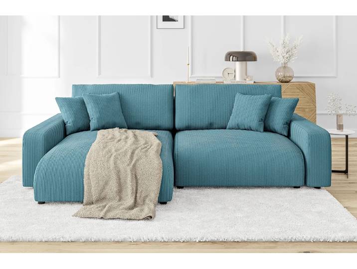 S-Style Möbel Emma - Ecksofa mit Schlaffunktion und Bettkasten in Cord-Stoff schöner Sitzkomfort - Türkis