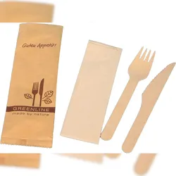 250x Bio Besteckset Holzgabel+Holzmesser+Serviette 33x33cm 2lg natur in Papierhülle