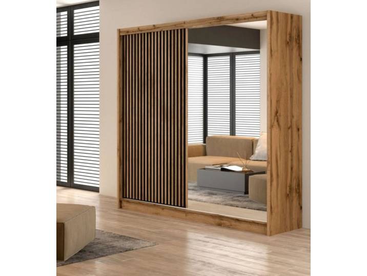 COMBO Schiebetürenschrank Kleiderschrank Schiebetüren 203x215x60cm Spiegel Wotan Schwarz Schwebetürenschrank 2 Türen Kleiderstange Regalfächer modern