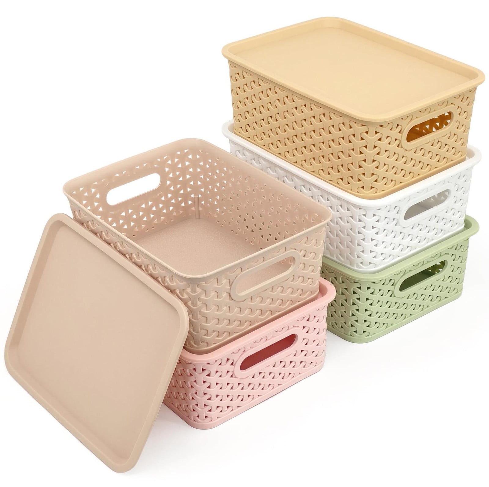 Selius Opbergdozen met deksel, set van 5 stuks, stapelbaar, rotan design, plastic