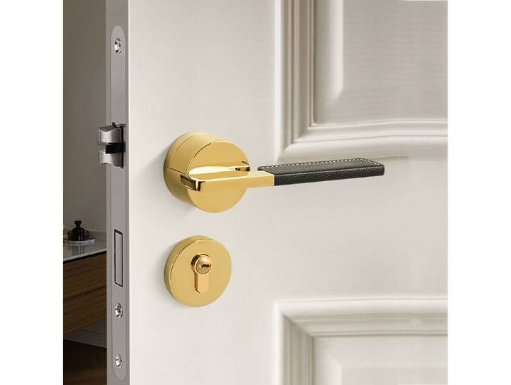 Poignées de porte en cuir véritable européen et alliage de zinc, serrure de porte intérieure pour chambre, serrure de porte antivol, serrure de porte en bois silencieuse, serrure de porte à double