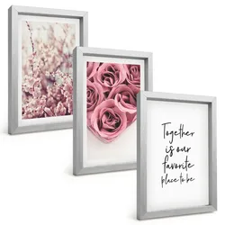 BILDER SET 3er Set - 20x30 cm Silberner Rahmen - Blumensträuße aus Rosen mit einer Inschrift