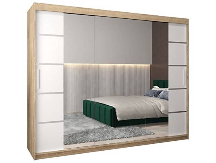 MEBLE KRYSPOL Verona 4 250 Schlafzimmerschrank Schiebetüren Schrank mit Spiegel Kleiderschrank mit Spiegel Schiebetürenschrank Kleiderschrank Schiebetüren – 250x200x62cm - Sonoma + Mattweiß