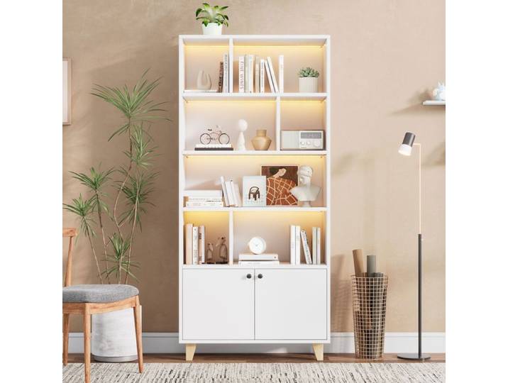 Bibliothèque pieds en bois massif plusieurs étagères éclairage d'ambiance LED à couleurs changeantes commande via app 80x30x173cm