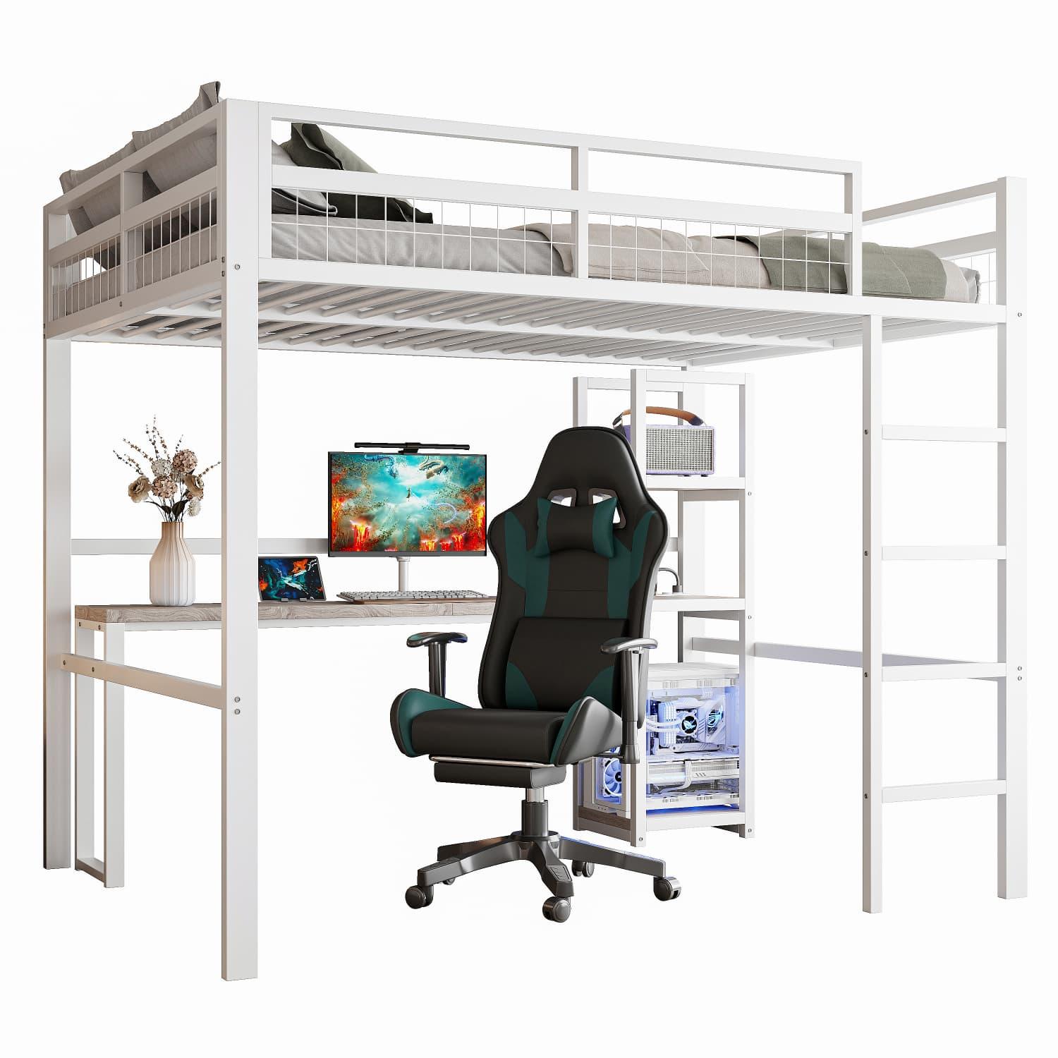Hochbett, 140 x 200cm, Eisenrahmen, mehrere Einlegeböden, Schreibtisch mit Steckdose, mit usb type-c, Geländer, Trittleiter, ohne Matratze, weiß