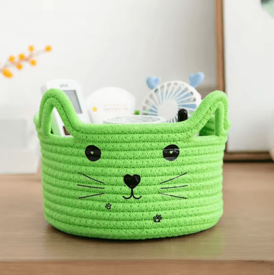 Inspire Picks Cat Face Woven Cotton Storage Basket Cute Home Organizer For Toys, Clothes & Pet Supplies green