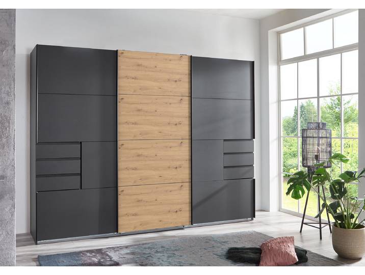 Schwebetürenschrank Bangkok 270cm Schwarz/Holz/Braun/Graphit/Eiche Artisan Dekor
