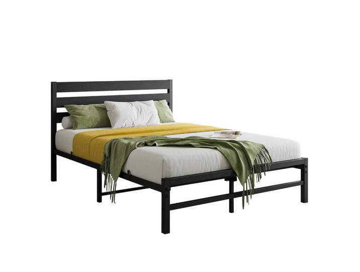Modfu Metallbett 140x200 cm Schwarz mit komfortablem Kopfteil, stabiler Konstruktion, Metall, 140x200 cm, Schlafzimmer, Betten, Metallbetten