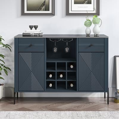 FESTIVO "42"" Modern Wine Cabinet with Metal Glass Rack and Drawers - 42"" in Width"
