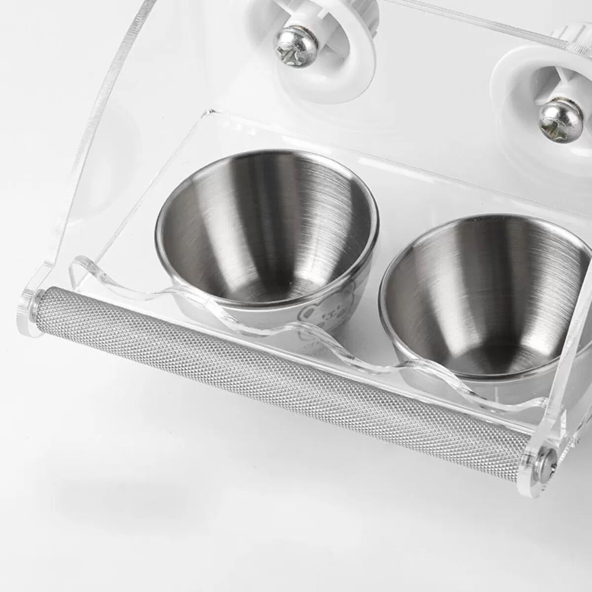 INF Transparenter Acryl Doppel-Napf Edelstahl Vogeltränke mit Schraubbefestigung