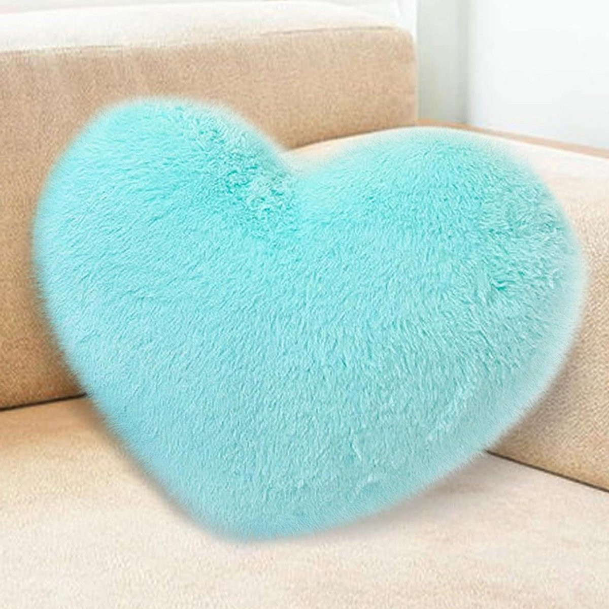 Blauw Hartkussen van Pluche met Zachte Konijnenvacht - 46 x 36 cm