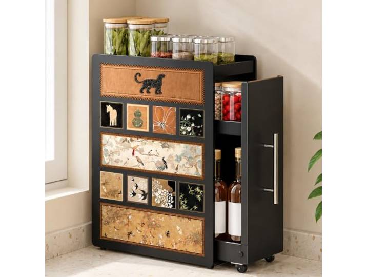 JS Space Schmaler Küchenschrank, Ausziehbarer Küchenorganizer mit Rollen Platzsparendes Regal für Gewürze, Flaschen, Gläser und Vorräte(black)