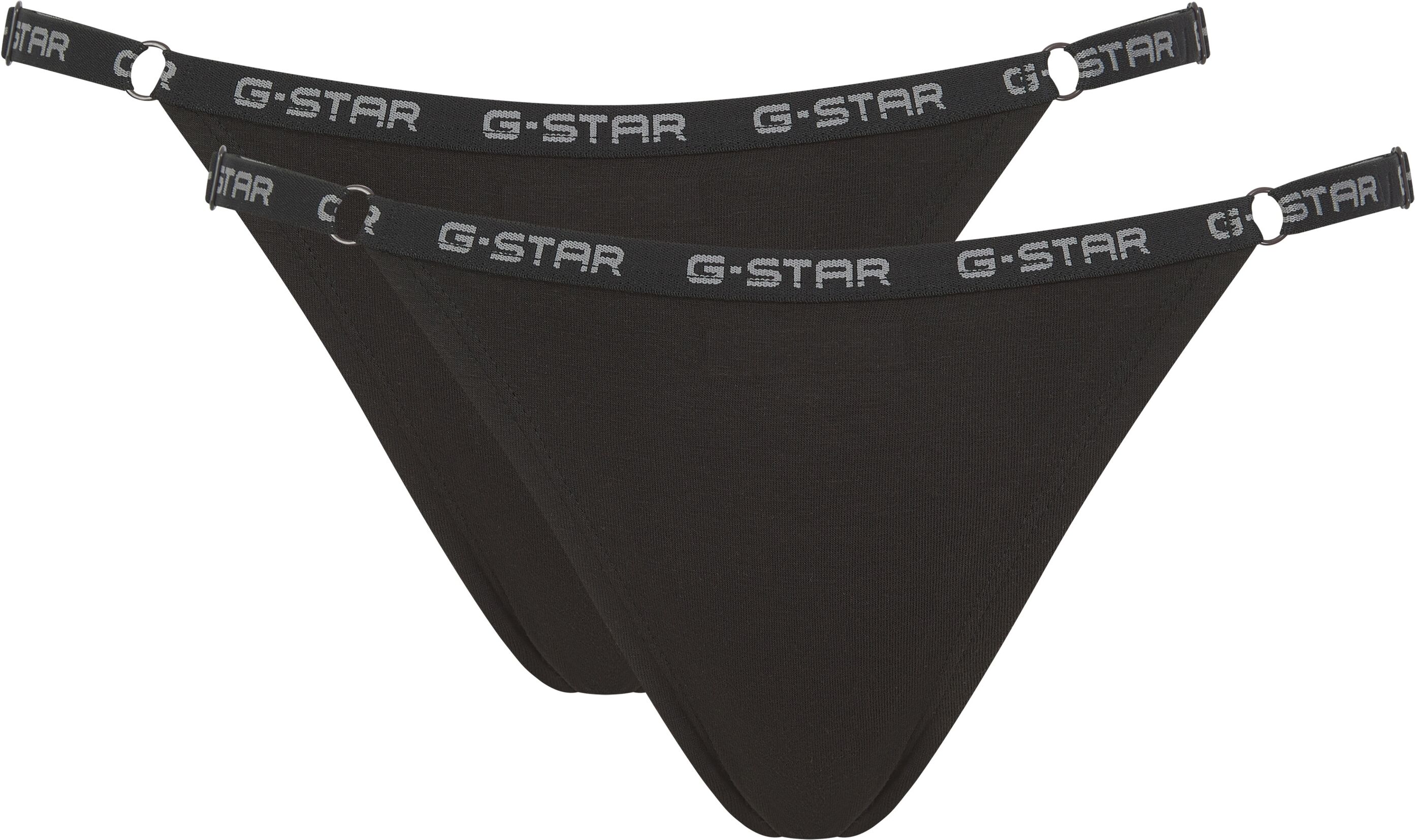 G-String G-STAR "AVALON, 2 PACK G-STRING", Damen, Gr. M, 2 Stk., Jersey, schwarz, Jersey, Obermaterial: 95% Baumwolle, 5% Elasthan, unifarben, eng, Unterhosen G-String, mit verstellbaren Riemchen schwarz M, 2 Stk., Jersey