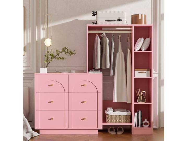 Armoire Chambre - avec Commode 6 Tiroirs et Étagères Latérales Tringle - 139 × 35 × 133 cm - Rose