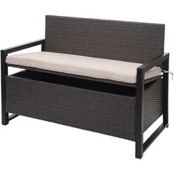 Poly-Rattan 2er Sitzbank MCW-F39, Gartenbank Truhenbank, Staufach Aufbewahrung Sitzkissen ~ grau, Kissen beige