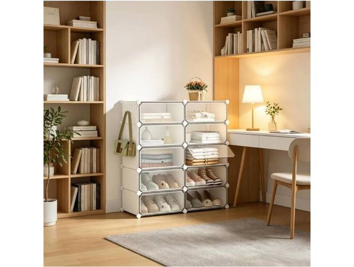 Meuble à chaussures modulable avec 10 compartiments porte et structure DIY pour entrée 40×30×170 cm blanc