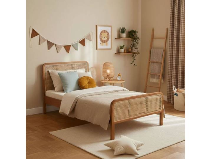 Lit enfant 90x200 cannage marron avec tête de lit Terre de nuit ANNA - Marron noisette - Terre de Nuit