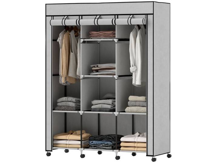 LIA Armoire penderie multi-rangement - 8 étagères 2 barres - non tissé gris