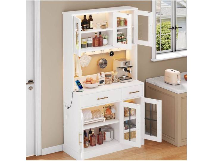 ELVORIN Buffet LED 180 x 100 cm 6 portes 2 tiroirs verre ESG poignées dorées blanc