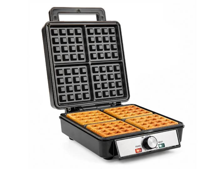 Wafelijzer voor 4 Belgische Wafels 1200W Wafelmachine Vierkant Wafelijzer met Draaiknop Anti-aanbaklaag Controlelampjes en Hitte-isolerende Handgreep