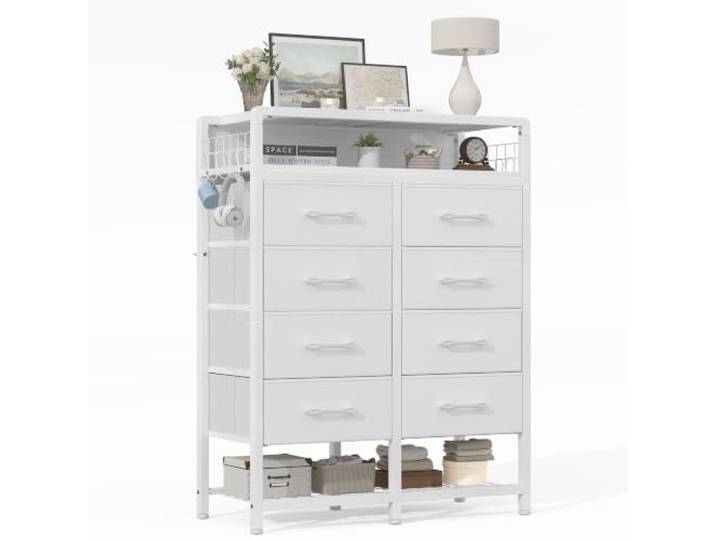 Feonase Kommode, Kommode mit 8 Stoffschubladen, Kommode mit Schubladen, Komodenschrank, Hohe Stoffkommode, Für Schlafzimmer, Flur und Wohnzimmer, Weiß