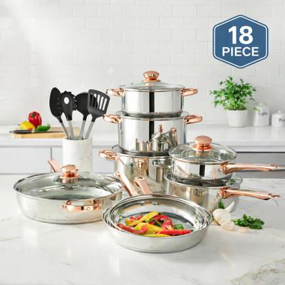 18-PC. Copper Accent Stainless Steel Cookware Set by BrylaneHome in Stainless Copper