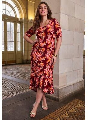 Plus Size Women's Stretch Knit Flounce Hem Maxi Dress by Jessica London in Burgundy Bold Floral (Size 32 W) Soft & Lightweight Long Length