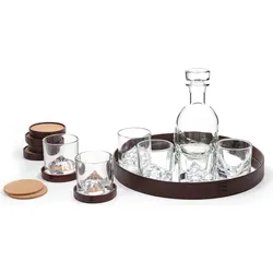 Luxury Peaks Karaffe für Whisky mit Gläser, Untersetzer und Tablett 14 El.