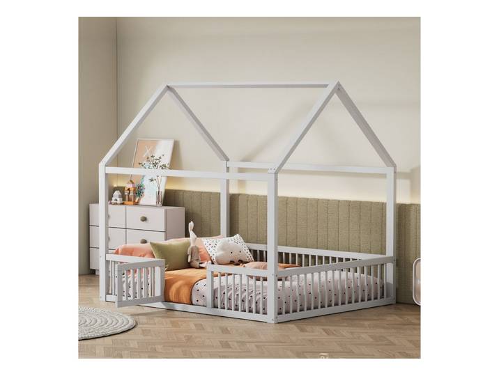 Odikalo Kinderbett Hausbett Massivholzbett mit Türchen Weiß 90/140cm,Kinderzimmer