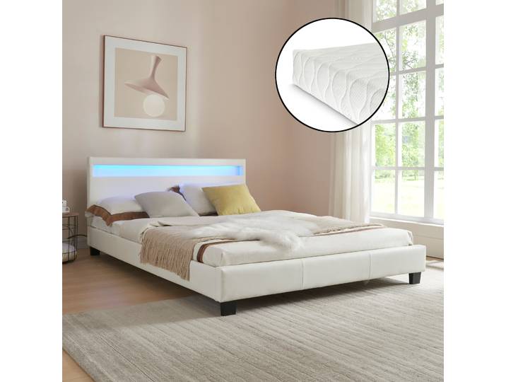 LED Design Polsterbett + Matratze 140 x 200 cm Kunst-Leder Weiß Bett CORIUM