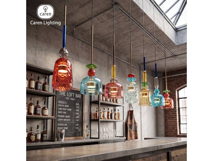 Luminaire suspendu moderne Caren Vibra Candy en verre soufflé coloré, idéal pour combler les plafonds uniques, décoration de style Memphis, bar créatif, îlot.