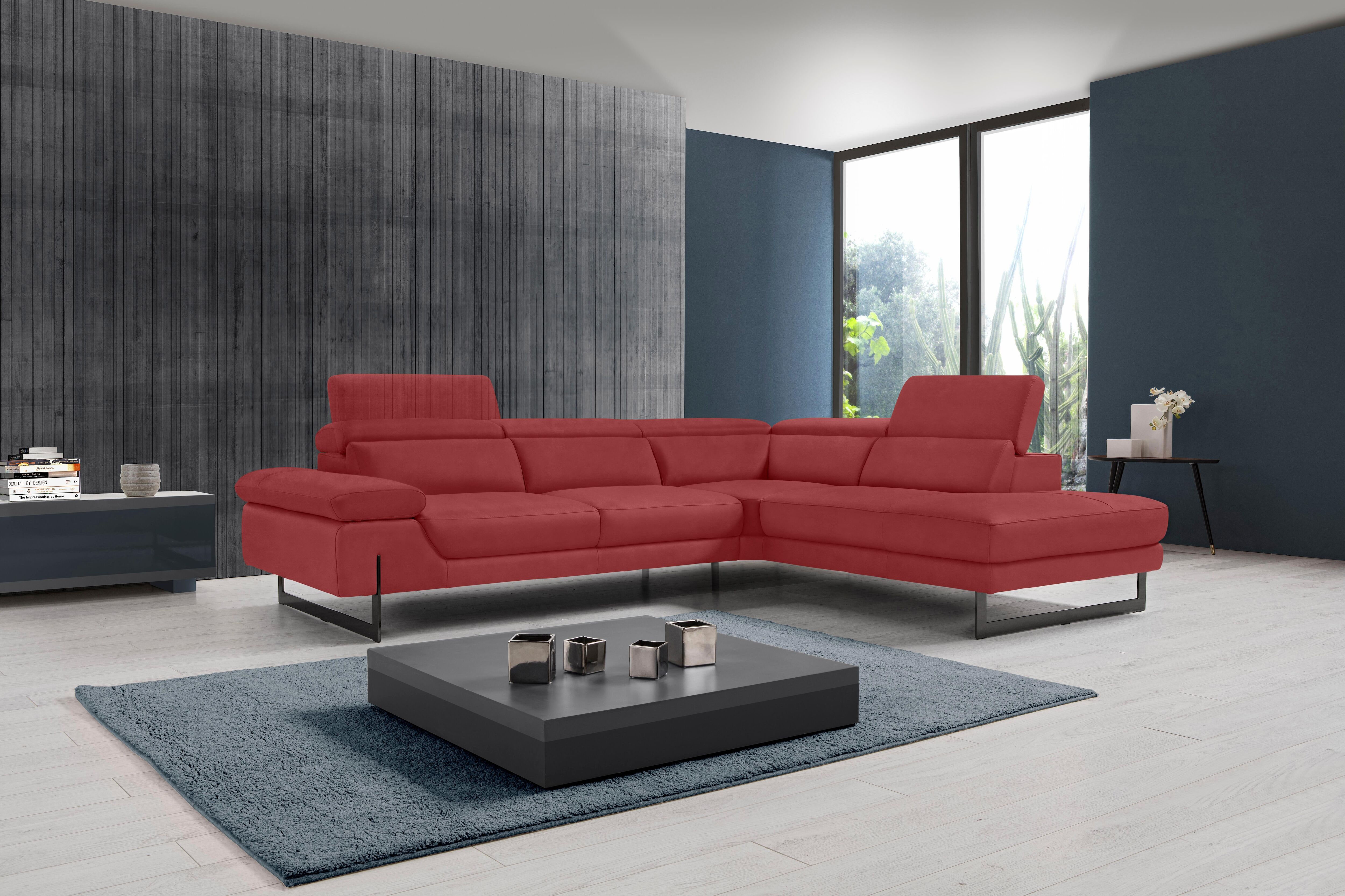 Ecksofa EGOITALIANO "Queenie, extravagantes Sofa mit erstklassigem Sitzkomfort, L-Form", rot (marsala), B:284cm H:95cm T:108cm, Luxus-Microfaser (100% Polyester) Leder »BULL« (echtes Rindsleder). Geschliffenes, pigmentiertes und behandeltes Rindsleder mit