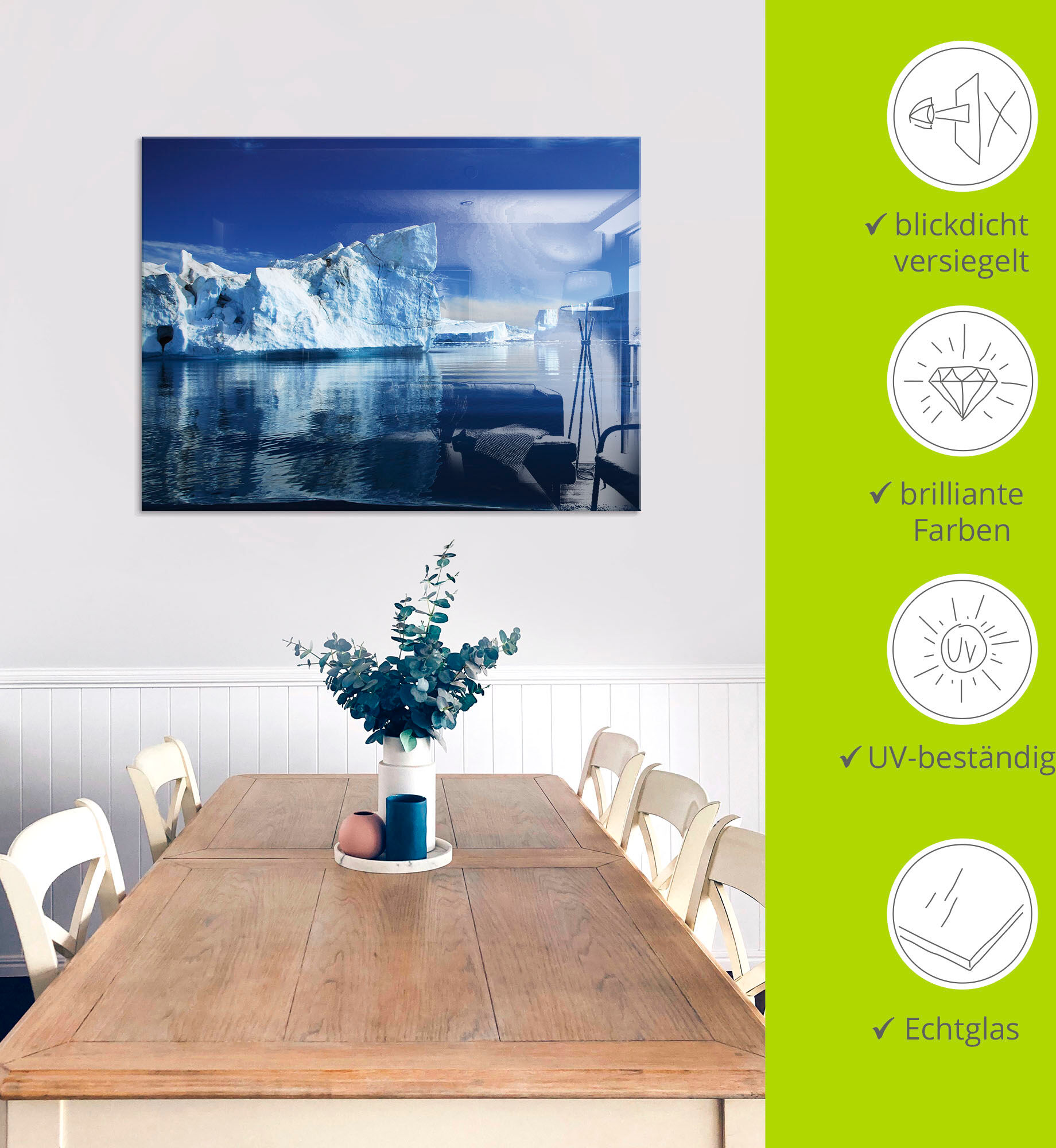Glasbild ARTLAND "Eisberge - Diskobucht - Grönland", blau (farbe bild(er): blau), B:80cm H:60cm, Bilder, Glasbild, in verschiedenen Grössen farbe bild(er): blau B/H/T: 80cm x 60cm, Glasbild Arktis, 1 Stk.