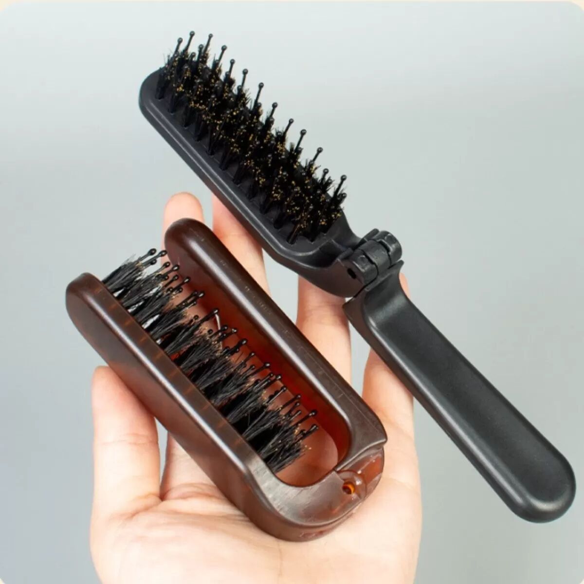 INF Brosse à Cheveux Pliable Portable avec Poils de Sanglier - Peigne de Voyage Le noir