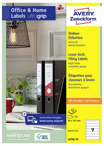 Avery-Zweckform Ordner-Etiketten L4760-10 38 x 192mm Papier Weiß Permanent haftend 70St.