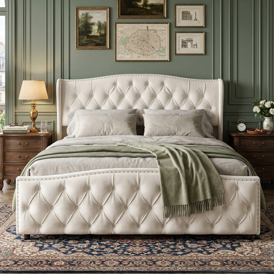 Fairmont Park UK & EU Sizes Velvet Ottoman Bed Frame with Hydraulic Gas Lift Storage, Diamond Tufted Wave Wingback Upholstered Platform Bed with Nailhead Trim, Grey Beige Kingsize (5')
