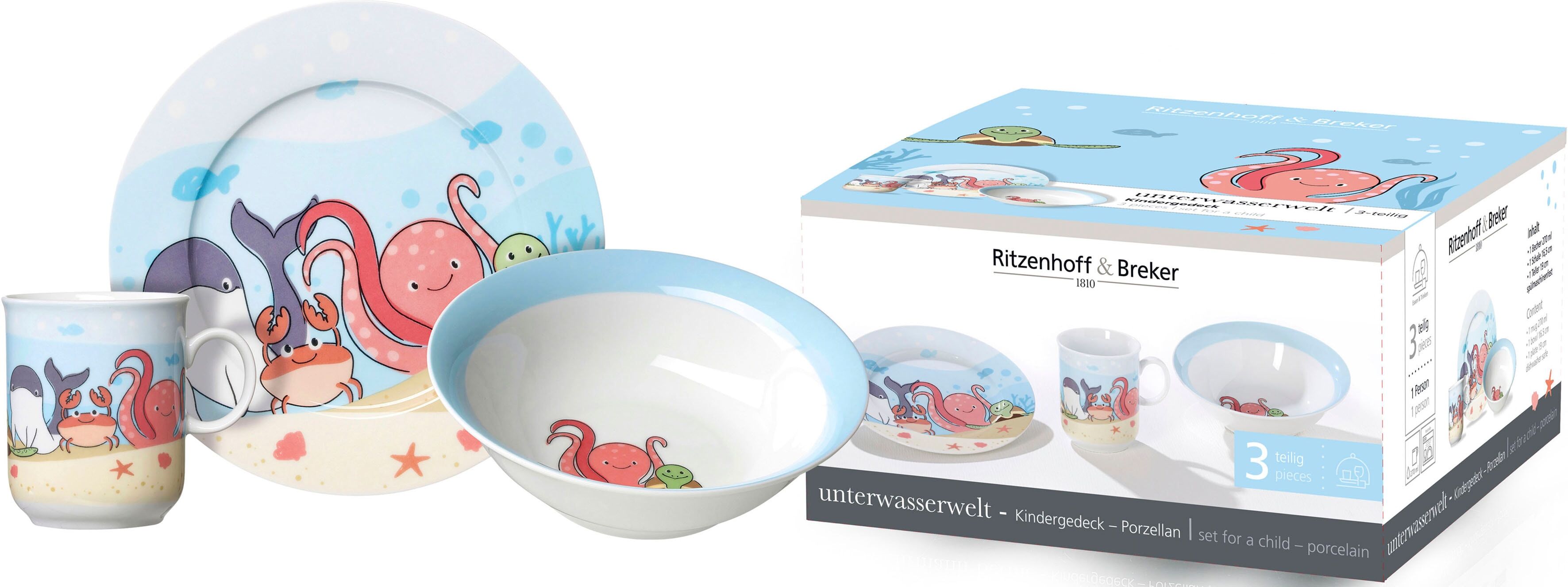 Kindergeschirr-Set RITZENHOFF & BREKER "Unterwasserwelt", bunt, 3 Stk., Porzellan, Geschirr-Sets, Kindergeschirr-Set, im dekorativen Geschenkkarton bunt 3 Stk.