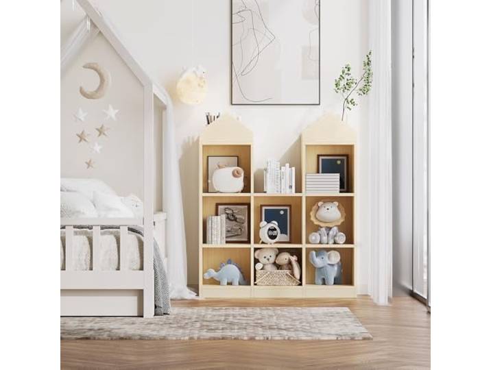 Crevyteg Bücherregal Kinder, Montessori Regal, Kinderzimmer Möbel mit 9 Offenen Fächern, Kinderregal aus Holz, Bücherregal mit Kippsicherung für Spielzeug Aufbewahrung 92 x 30 x 108cm, Natur